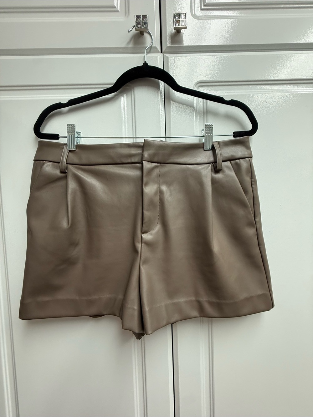 High-Waist Faux Leather Womens Shorts in Taupe